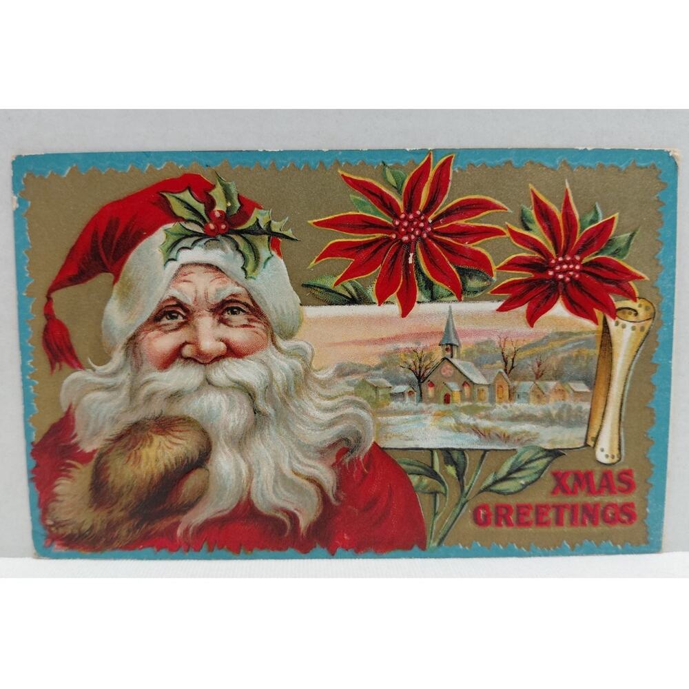 Antique Christmas Postcard Santa Claus Embossed Unposted Divided